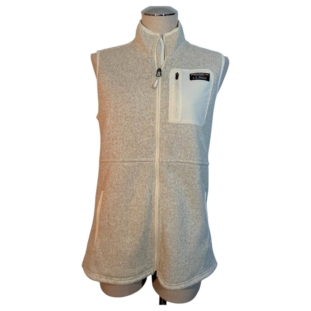 LL Bean Womens Sweater Fleece Vest Size Small Full‎ Zip Long With Pockets Beige
